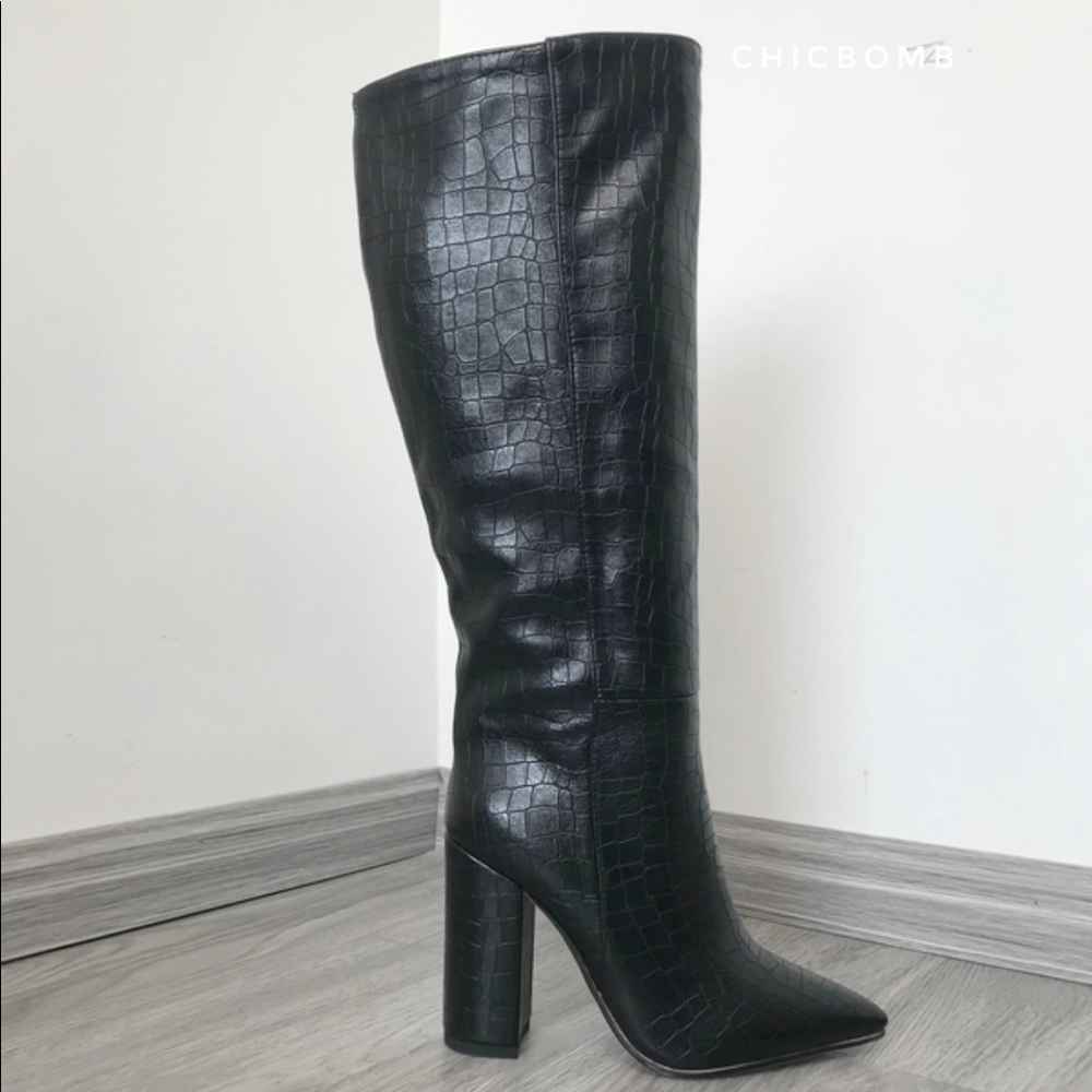 Knee Tall Vegan PU Croc Pointed Boots - Picture 5 of 8